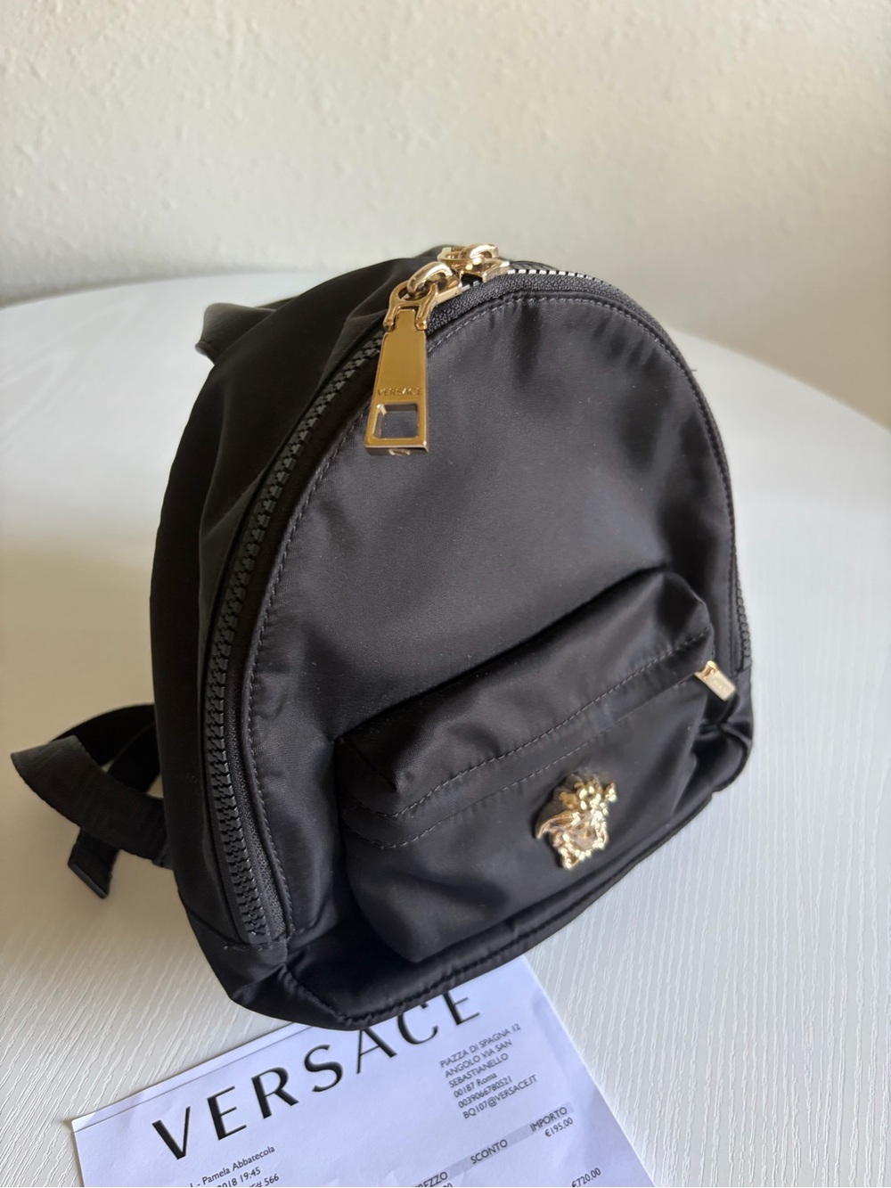 Versace Black Mini Backpack with Gold Hardware and Medusa Detail